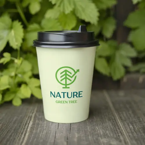 Nature Green tree logo Mockup Cup on the wooden desk outdoors