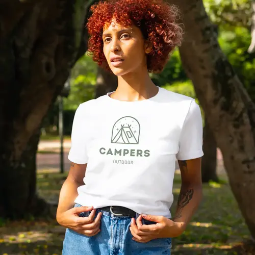 Woman T-shirt Camping Outdoor Logo Mockup