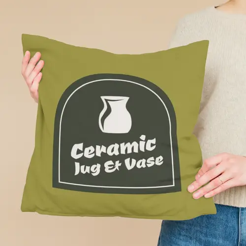 Pillow Ceramic Jug and Label Logo Mockup