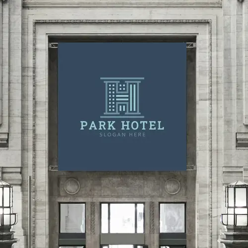 Sign Free Letter H and Hotel Building Logo Mockup