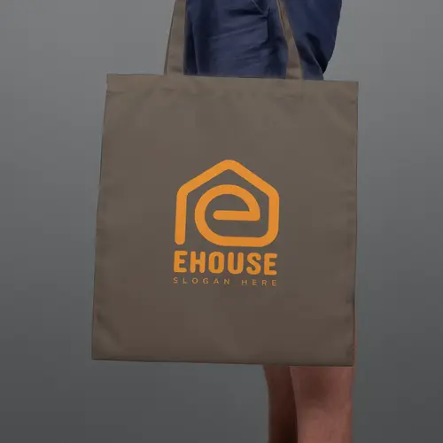 Tote Bag Free House and Letter E Logo Mockup