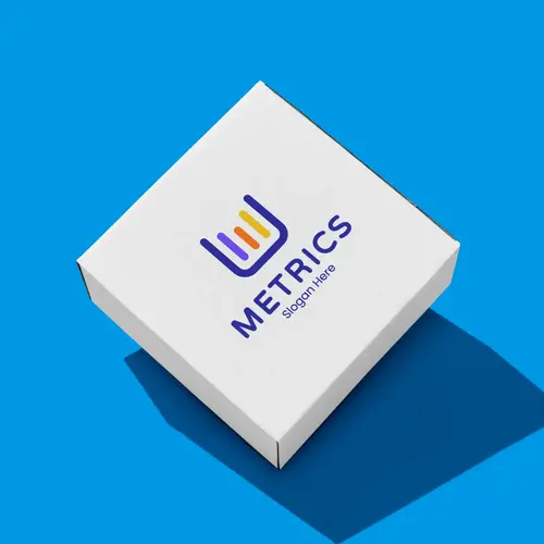 Box Free Letter M Logo and Statistics Mockup