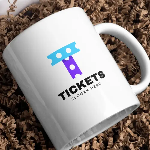 Mug Free Ticket and Letter T Logo Mockup