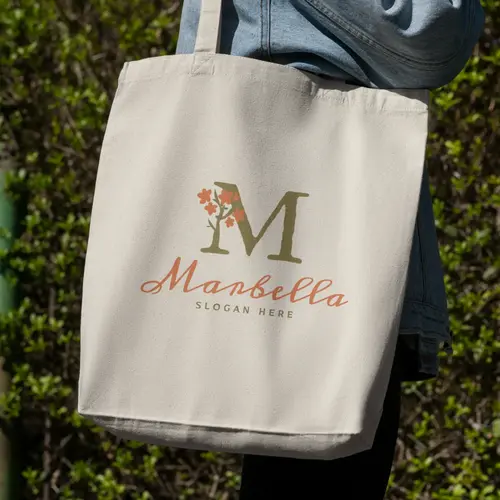 Tote Bag Floral Plant and Letter M Logo Mockup