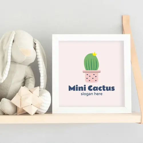 Frame Free Small Potted Cactus Logo Mockup