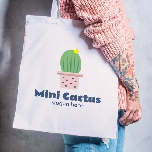 Tote Bag Free Small Potted Cactus Logo Mockup